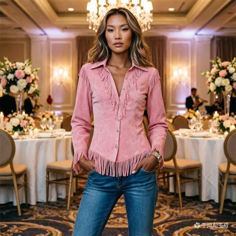 Ladies' Pink Suede Fringe Shirt, with Unique Design Style and Fashionable Texture, Unparalleled and Visually Impactful.
