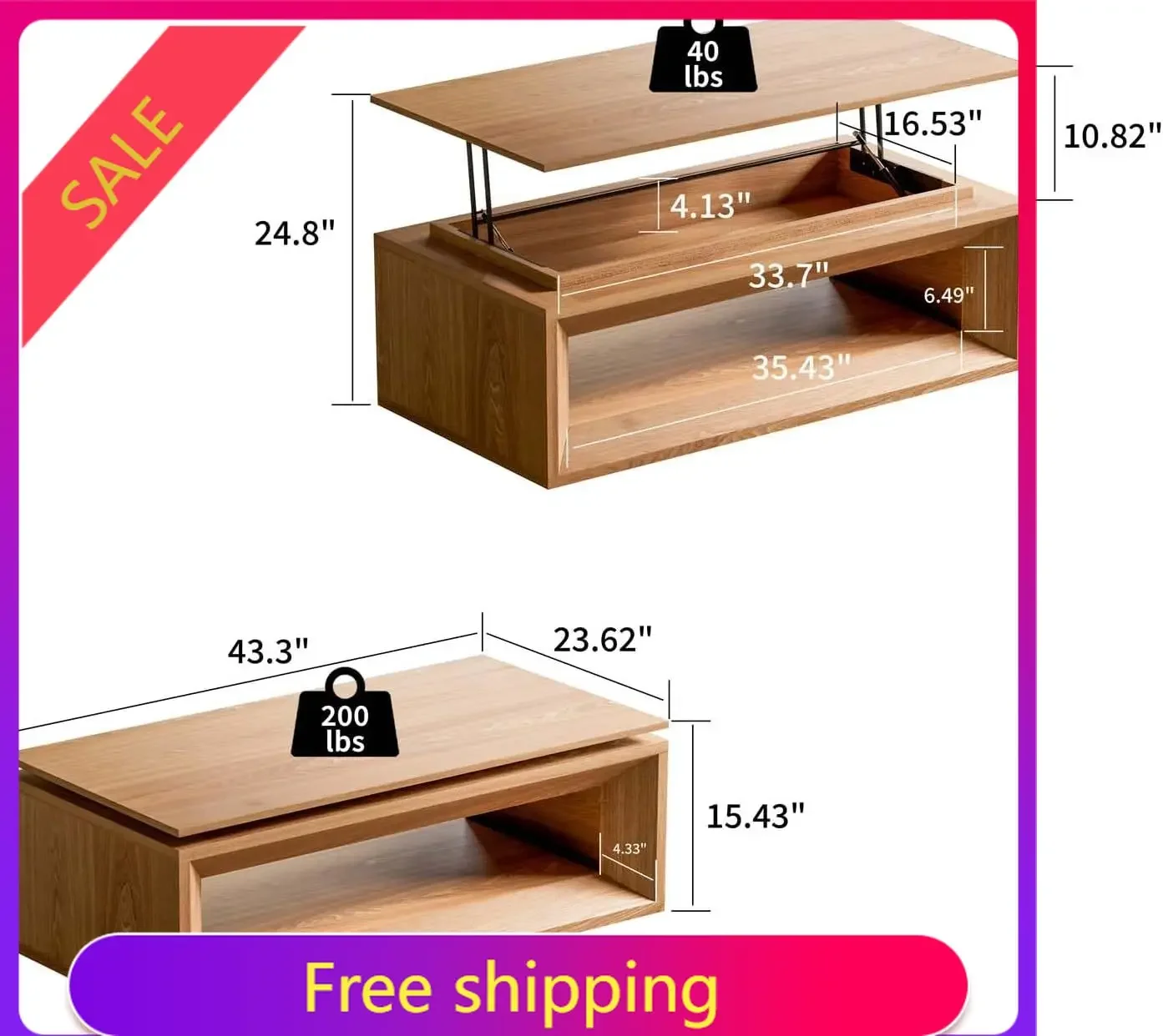 43.3'' Rectangle Lift Top Coffee Table with Storage & Adjustable Height, Mid Century Modern Center Table Accent Tea Table or Liv