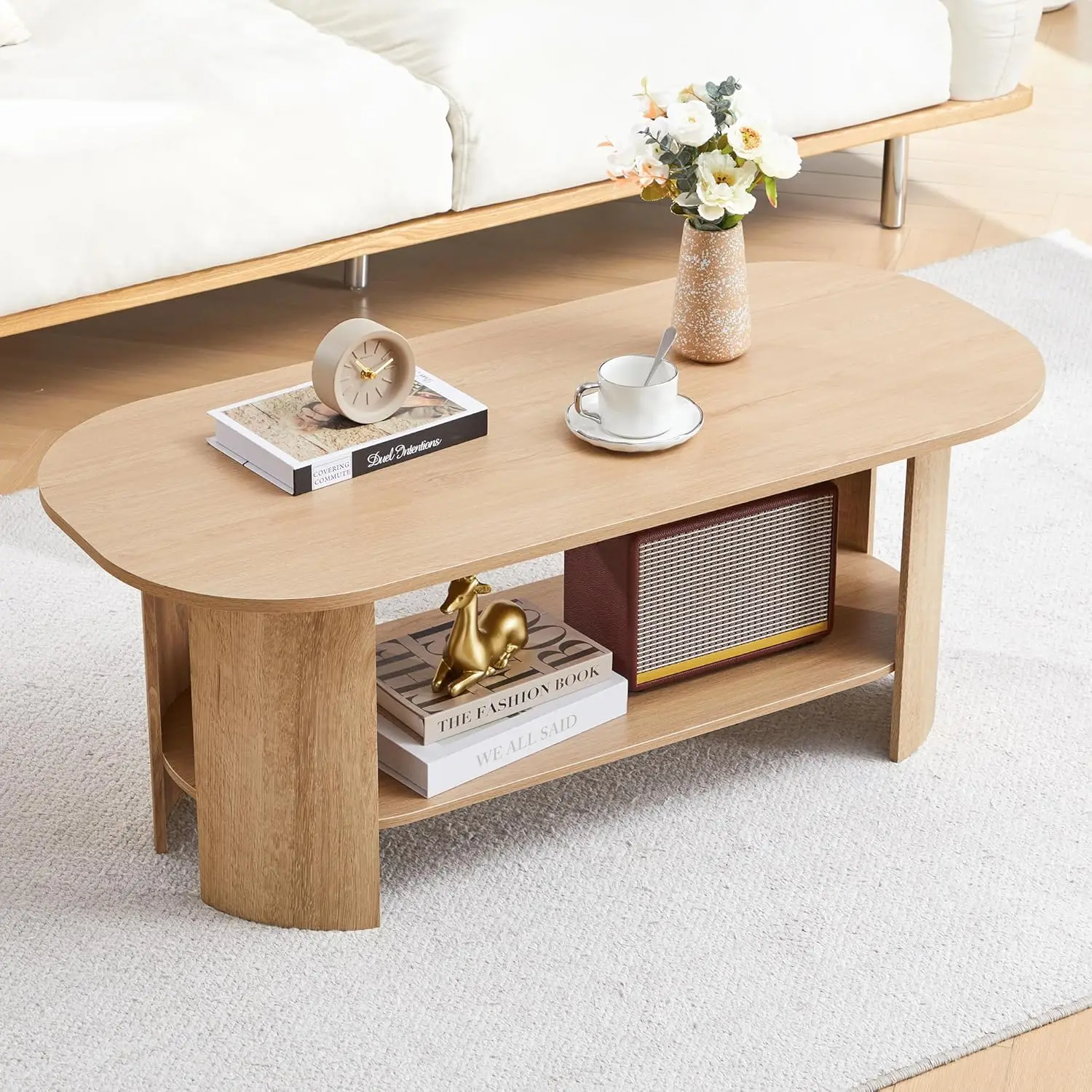43.3” Oval Coffee Tables For Living Room, Wood Farmhouse Coffee Table With Storage, 2-Tier Center Table With Storag