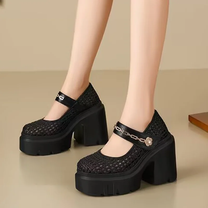 

Sexy High Heels Mary Jane Shoes Designer Chunky Mesh Sandals 2026 Fashion Shallow Pumps Shoes Spring Dress Mujer De Sandalias