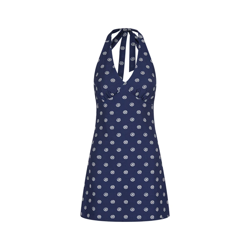 MosesQueen Polka Dot V-neck Hanging Neck Dress Waist Cinching Backless Sleeveless A-line Short Dress Korean Style Commute