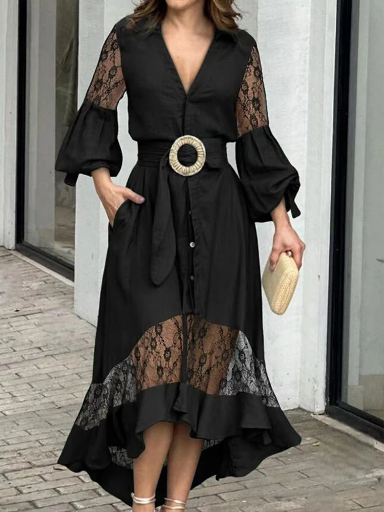 D​rauuing V Neck Flared Sleeve Elegant Dresses Women Laceup Casual Party Dresses Women Ankle Length Dresses Women Loose Autumn