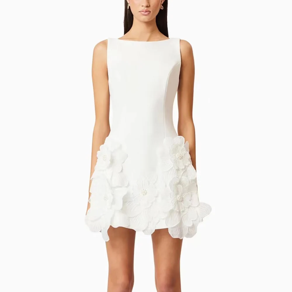 

Французское белое платье с круглым вырезом без рукавов, облегающее, с 3D цветочными аппликациями, элегантное мини-платье для вечеринок, Vestidos 2026 Новинка