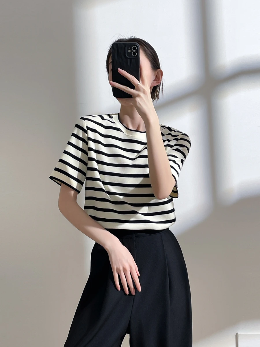 Sommer Baumwolle rund Ne T-shirt frauen ort Sve Lose Abnehmen Casual Top Farbe Blo Basis irt Gestreiften Muster