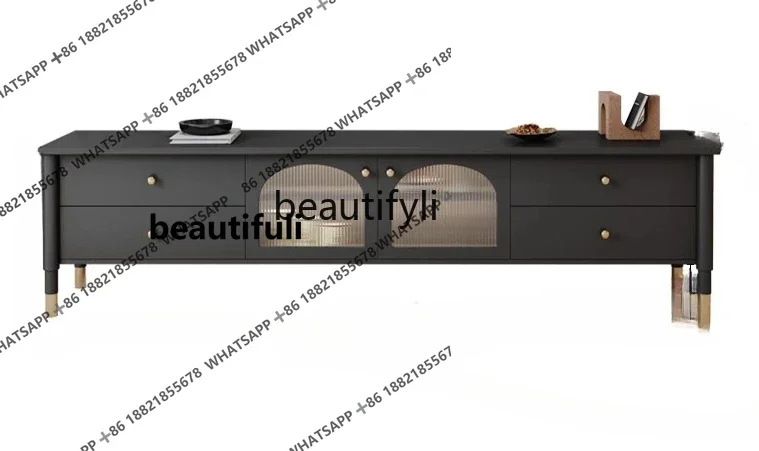 French TV Cabinet Modern Simple and Light Luxury Living Room New Cream Style Solid Wood Floor Cabinet Black