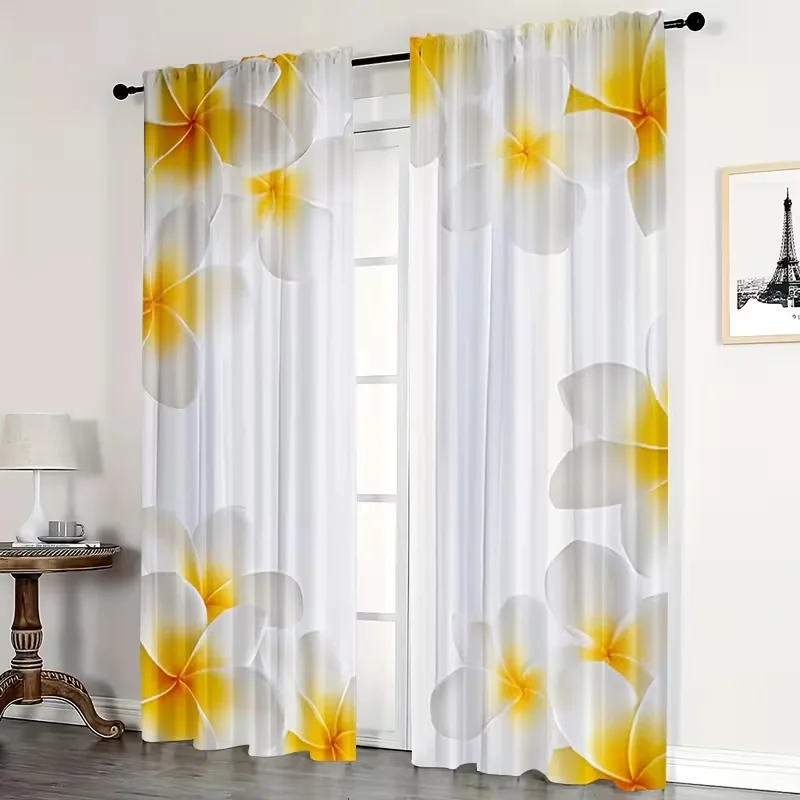 2PC White Yellow Plumeria Flower Sheer Curtains - Tropical Floral Print Window Drapes for Living Room Bedroom Decor