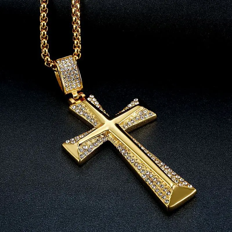 Megin D Stainless Steel Titanium Hop Hop Punk Iced Out Gold Plated Heavy Cross Charm Pendant Collar Chain Necklace for Men Women