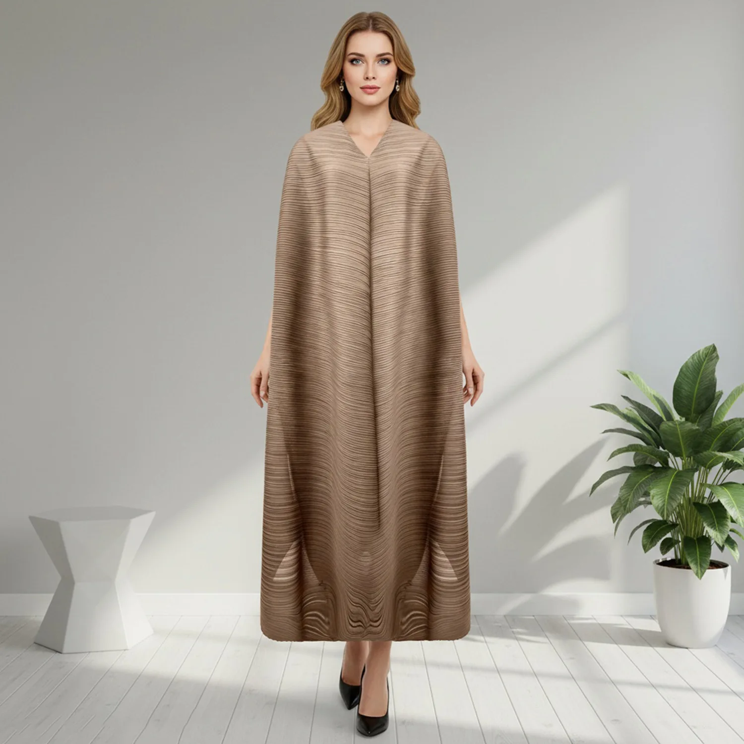 

Miyake Wine Red Pleated Women's Loose Long Dress V-neck Cape Sleeves Casual Bawting Sleeves Famale Clothing 2026 New 2DB6959