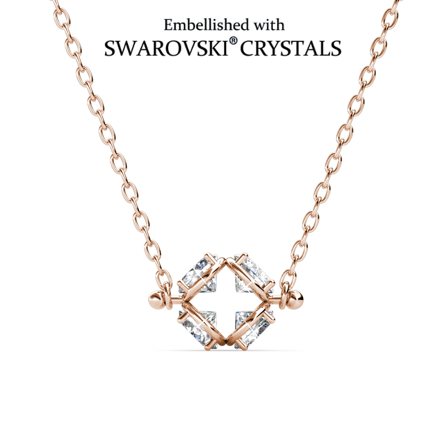 Square Cut Four Stone Open Frame Pendant Necklace Embellished with Swarovski Crystals Copper Gold Plated Women Jewelr Minimalist