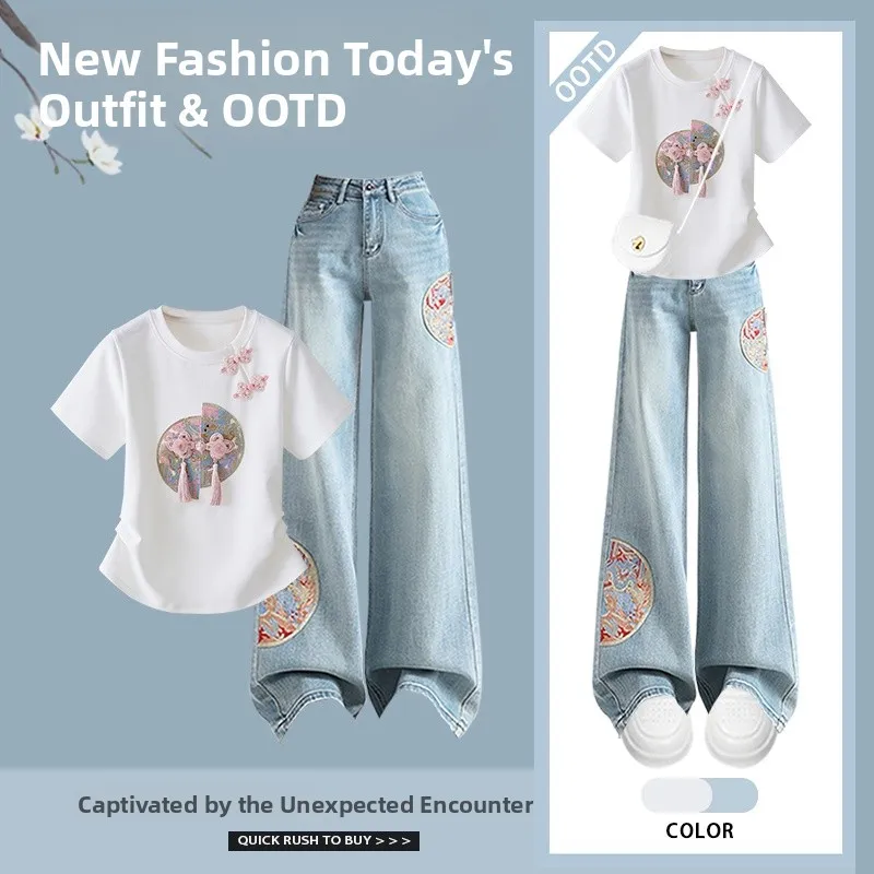 Nuevo verano chino Sle mujer Faion Set camiseta bordado Denim Jeans conjunto de dos piezas tendencia nacional redondo Ne ort Sl...