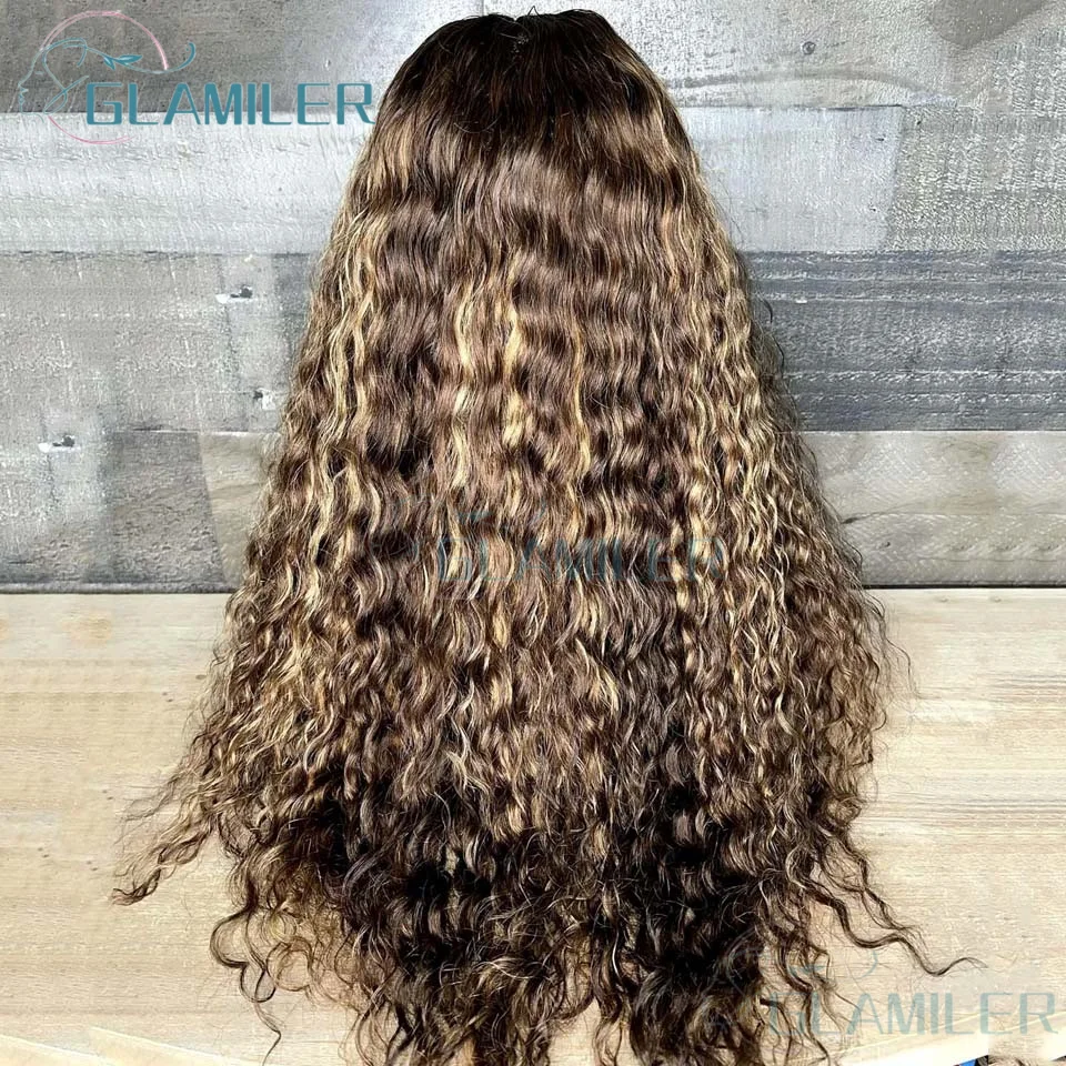 Wig keriting 13x6 akar cokelat ketebalan 180 Wig Frontal 4/27 sorot Ombre HD gelombang dalam 13x4 Wig depan renda rambut manusia dasar sutra