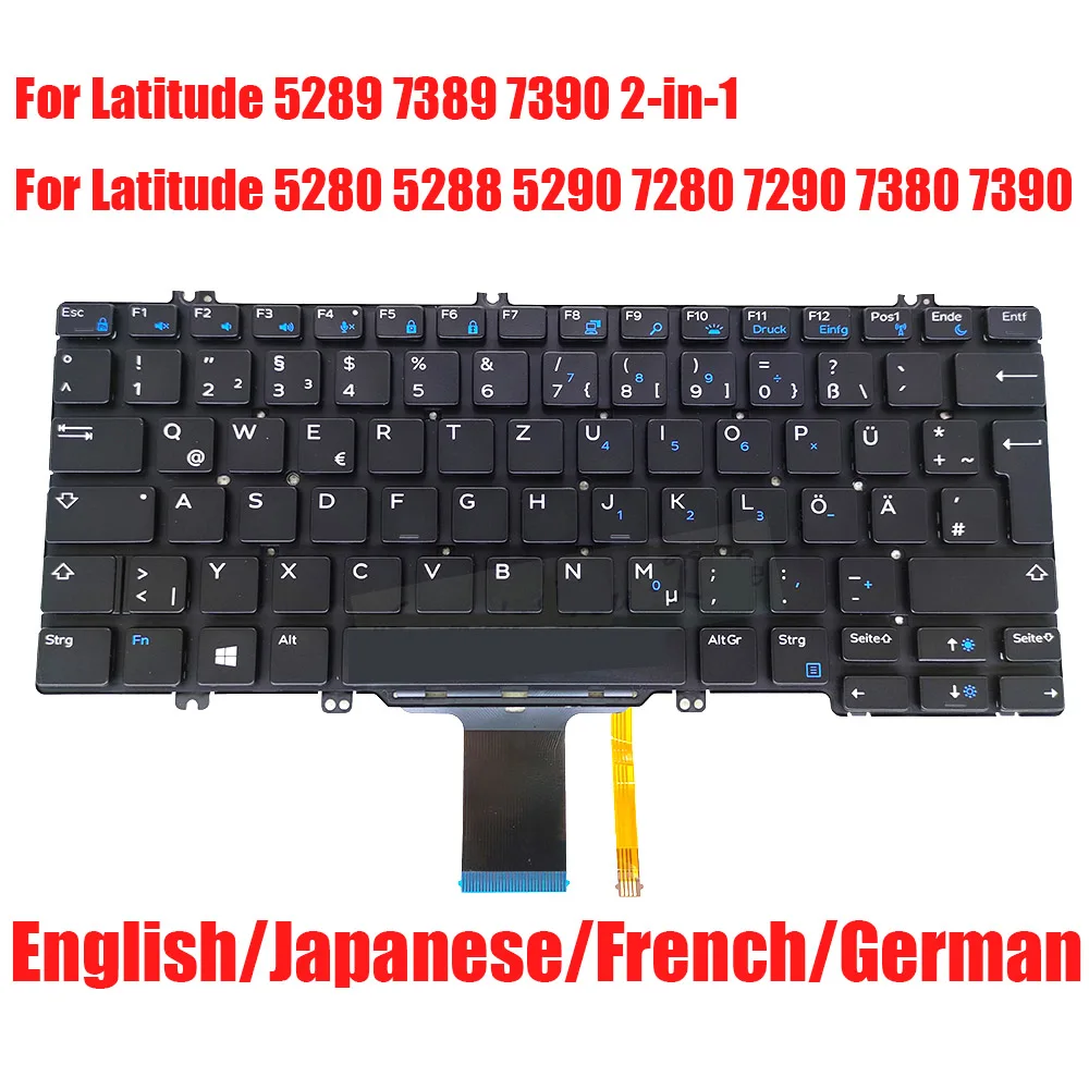 Backlit US FR GR JP Laptop Keyboard For DELL For Latitude 5289 7389 7390 2-in-1 5280 5288 5290 7280 7290 Japanese French German