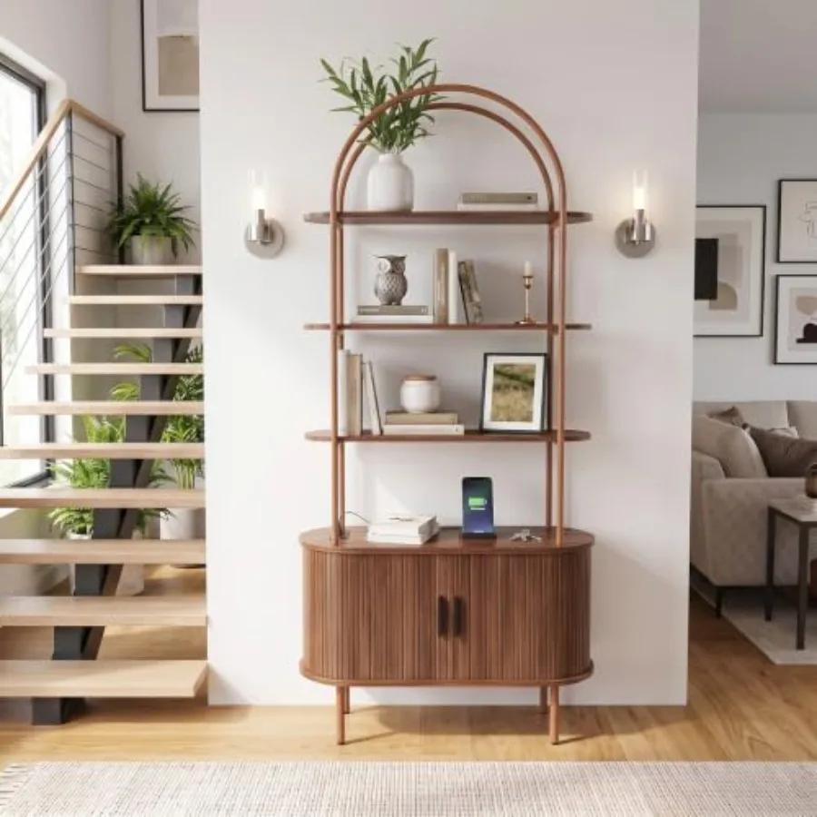 71 Mid Century Modern Arched Bookshelf with Cabinet: walnut finish, warm brown, open shelving + concealed storage