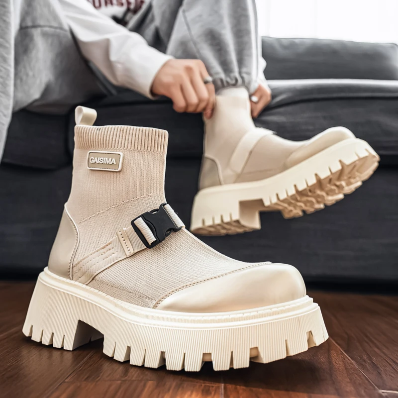 

Four-season Men's Mid-top Wear with Elastic Mesh Breathable and Flat Design New Fashionable Street Style Sports Mid-top Boots