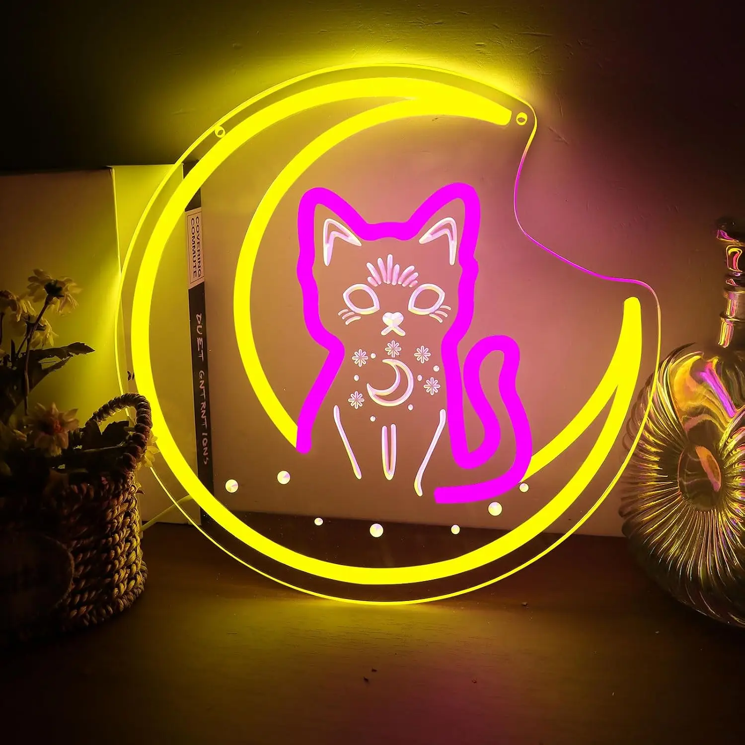 Crescent Moon Mystical Cat LED Neon Sign USB Wall Light Bedroom Gothic Bar Spiritual Room Magical Aesthetic Night Lamp Gift