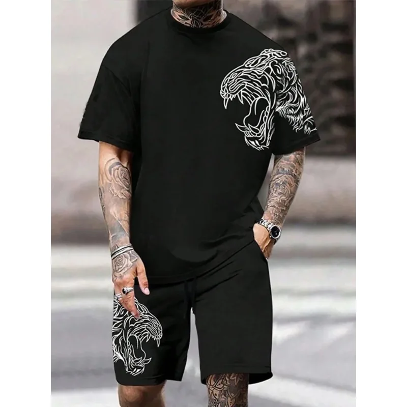 2025 Fashion Men's Short Sleeved Shorts Set Color Contrasting Fashion Quick Drying 3D Printed Polyester Fiber Round Neck T-shirt