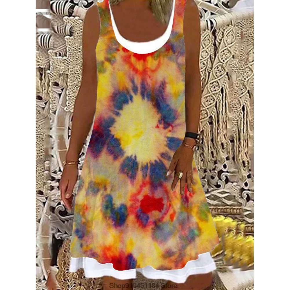 

Fake Two Piece Casual Dress U-neck Loose Printed A-line Beach Dress Casual Tie-dye Printed Loose Dress Fake Two Piece Beach