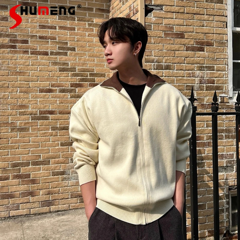 

Men's 2025 Autumn Winter New Retro Warm Knitted Sweaters Men's Contrast Color Cardigan Sweaters Male Long Sleeve Handsome Coats