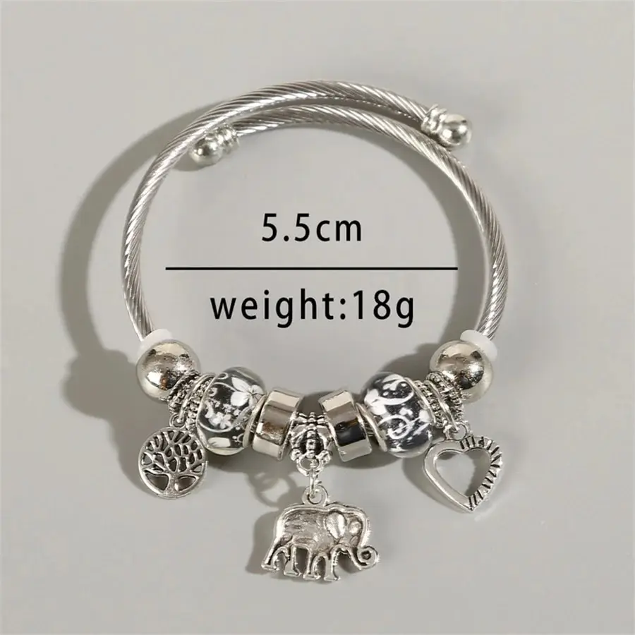Obega Heart Elephant Lucky Tree Pendant Charm Bracelet Shiny Silver ColorMetal Bead Cuff Bangle Simple Style Ins Party Jewelry