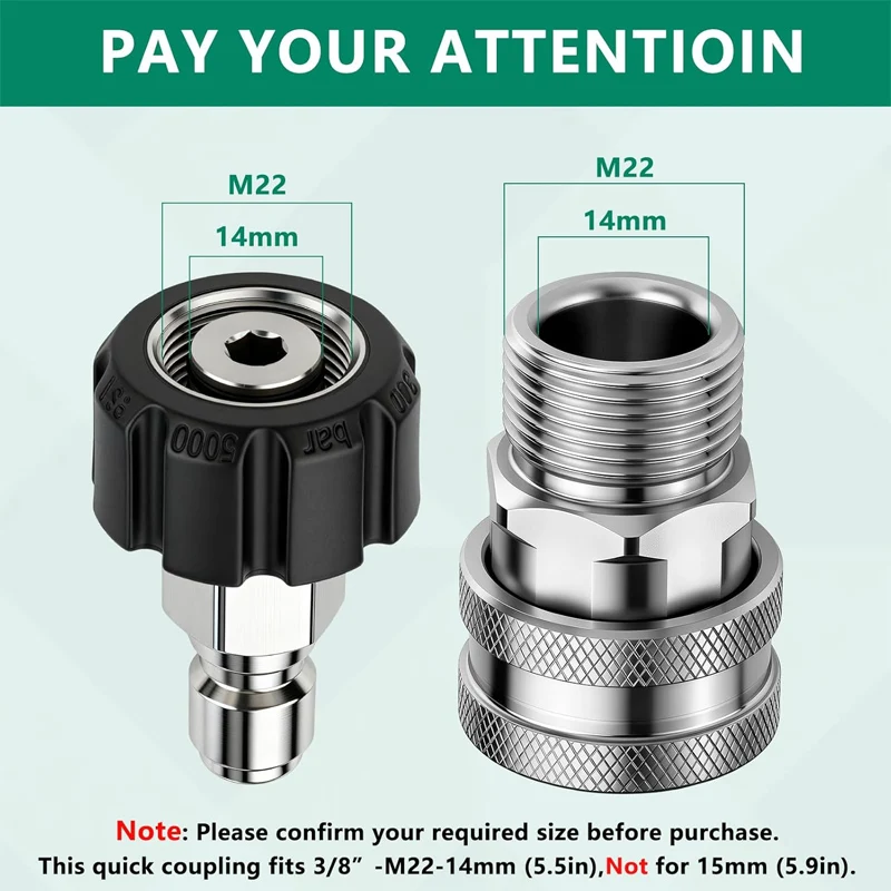 Hochdruckreiniger Schnellverbindungs-Set, M22-14mm/15mm auf 3/8" Schnellverbinder, Schwenkadapter-Set für Hochdruckreiniger-Schlauch und -Pistole – Detail 2