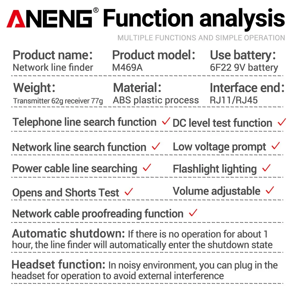 ANENG M469A Network Cable Tester  RJ11 RJ45 Network Line Finder Wire Network Cable Proofreading DC Level Test Smart Repair Tools view 6