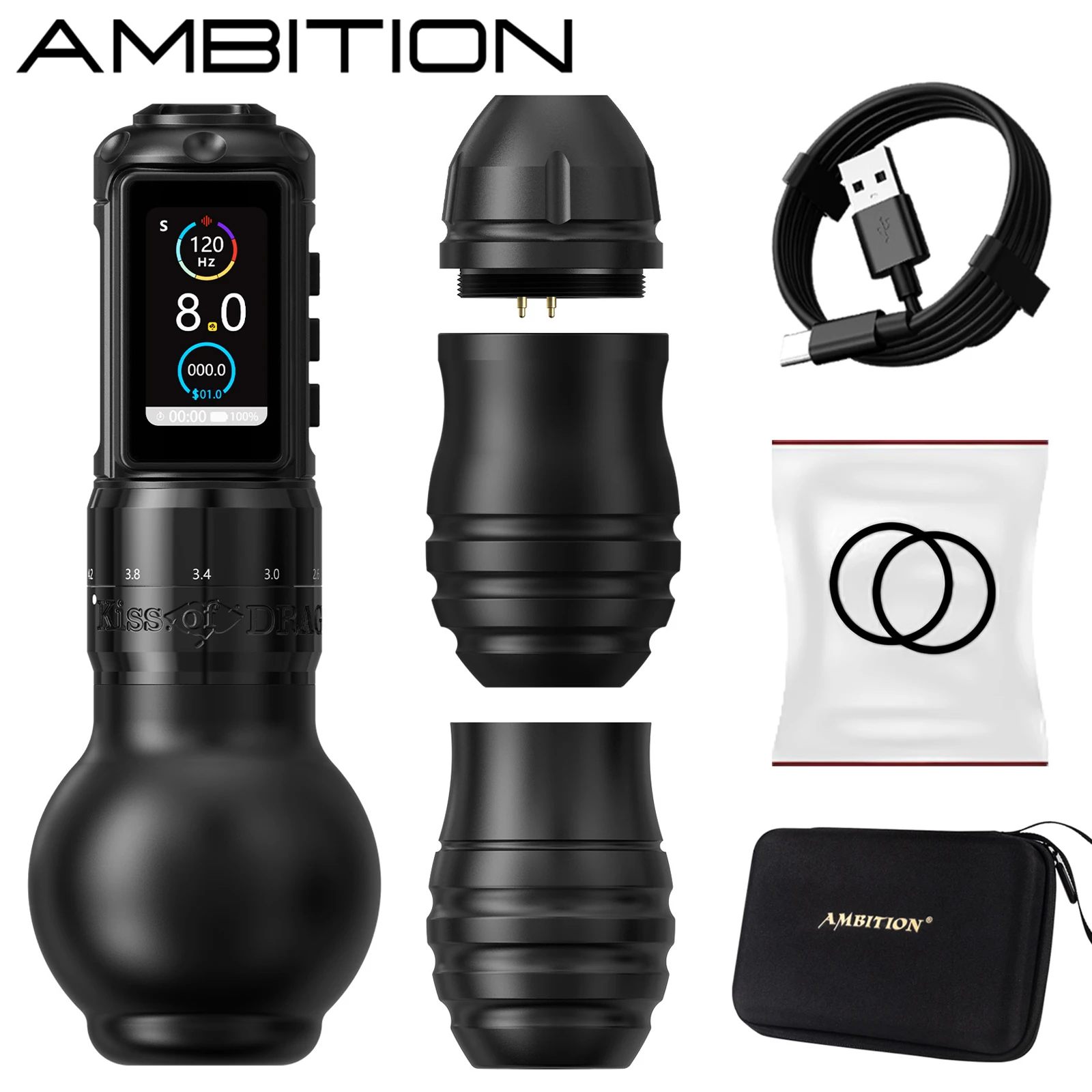 Ambition Traveler-T2 Adjustable Stroke 2.2-4.2mm Wireless Tattoo Machine 54mm+42mm Grip with 2000mAh Battery Capacity Tattoo Pen