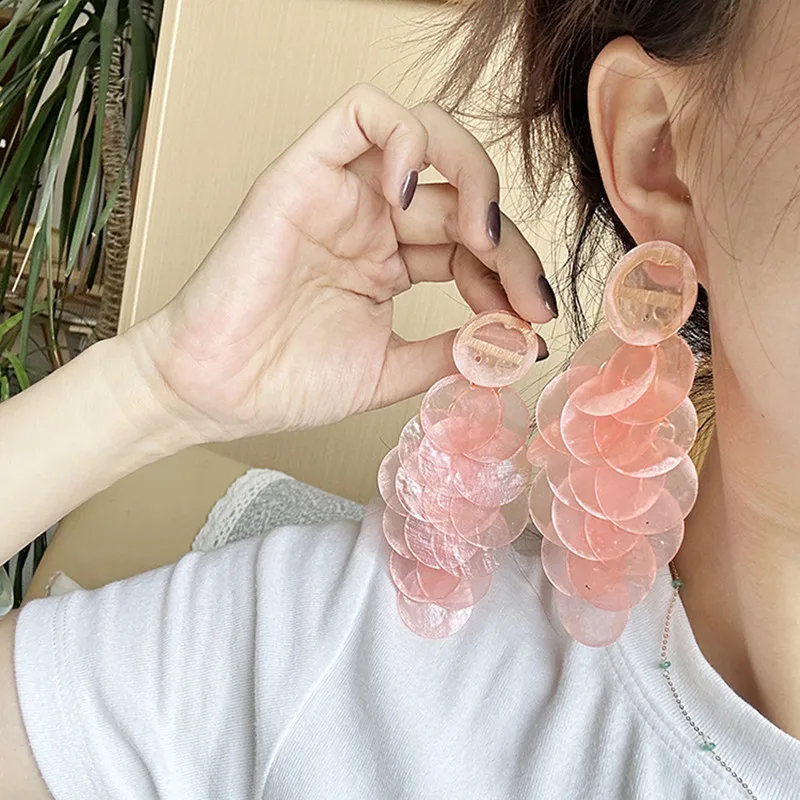 New over-the-top fashion holiday, wedding, natural shell pink spray painted round long earrings