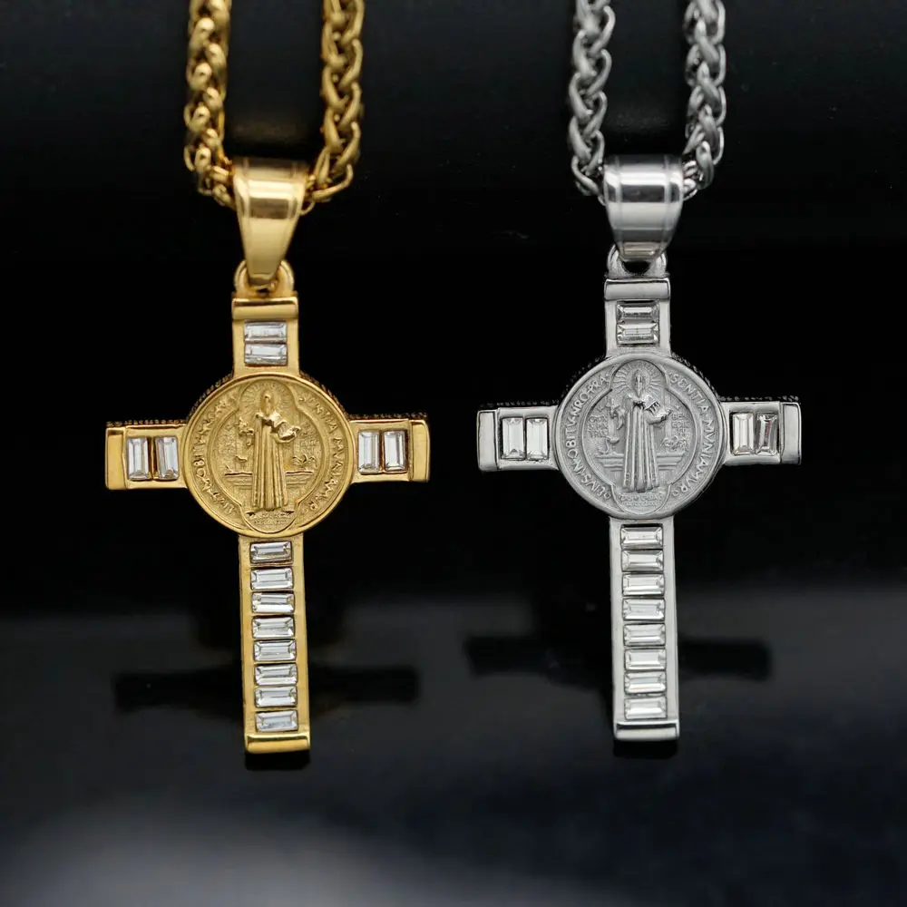 Fashion Exorcism Cross Pendant Stainless Steel with Diamond And Square Zirconia Religious Jewelry