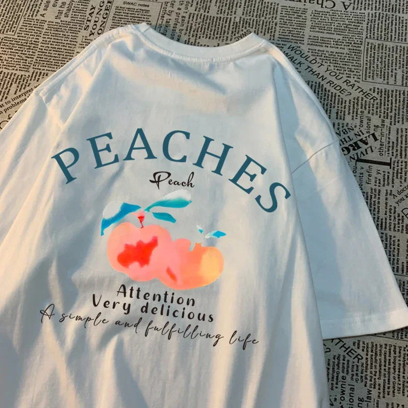 Peaches Attention Very Delicious Letters Men T Shirt Hip Hop Loose New Tops Fashion Casual Tshirts Summer Cotton Tee Clothing