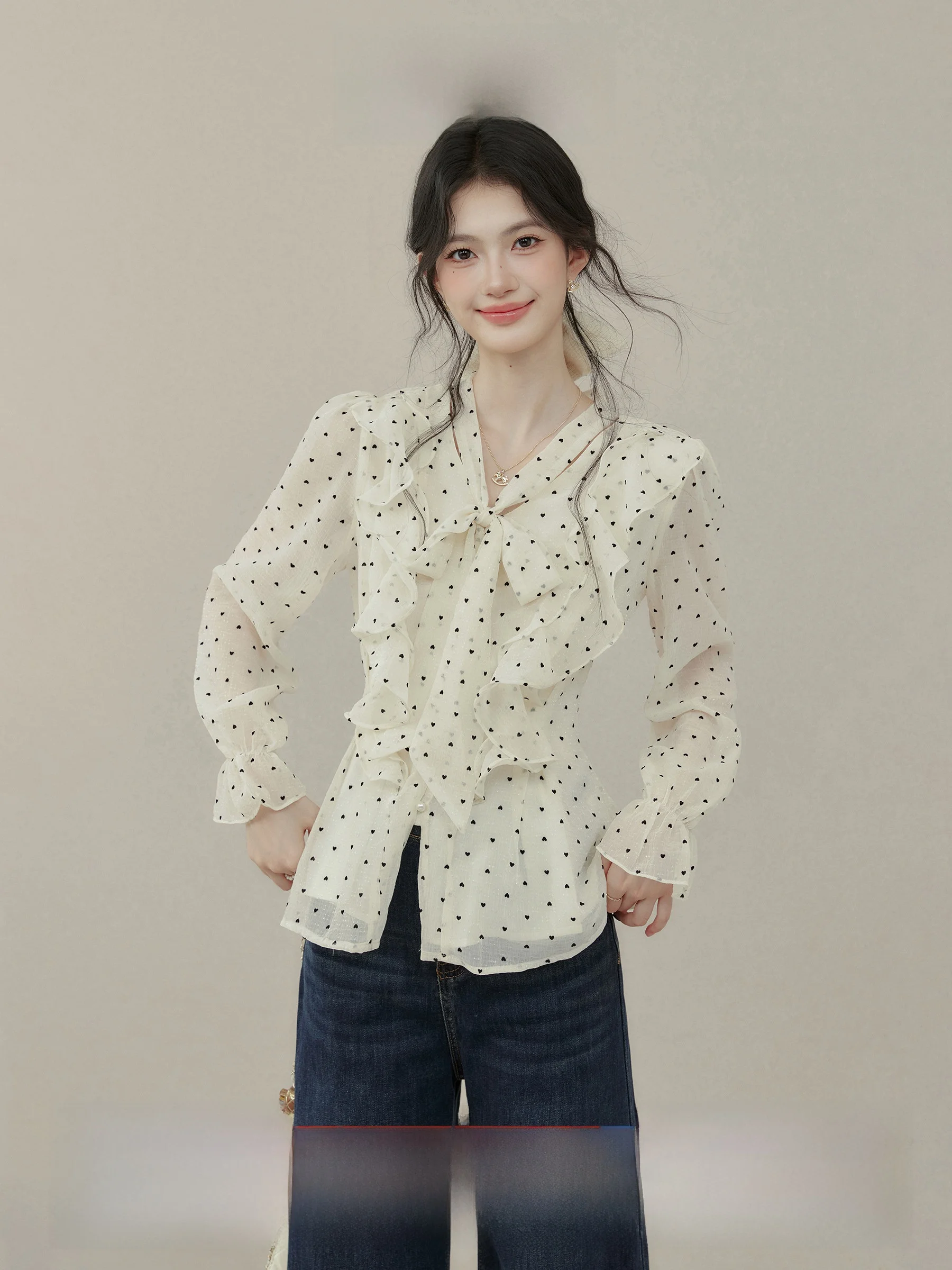 

Fun Oxygen Long Sve Polka Dot irt Women's Inner Wear Knot Belted irt Casual Sle Slim Fit Girl's Faion