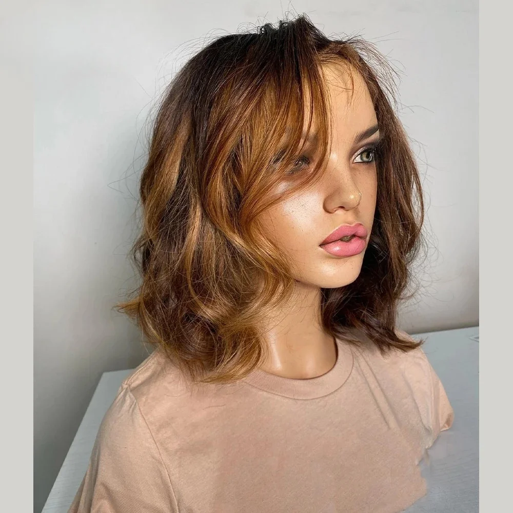 

Короткий боб, мягкий натуральный мелированный коричневый объемная волна 5x5, шелковая основа, еврейский парик из человеческих волос, детские волосы HD, кружевные европейские волосы, предварительно выщипанные