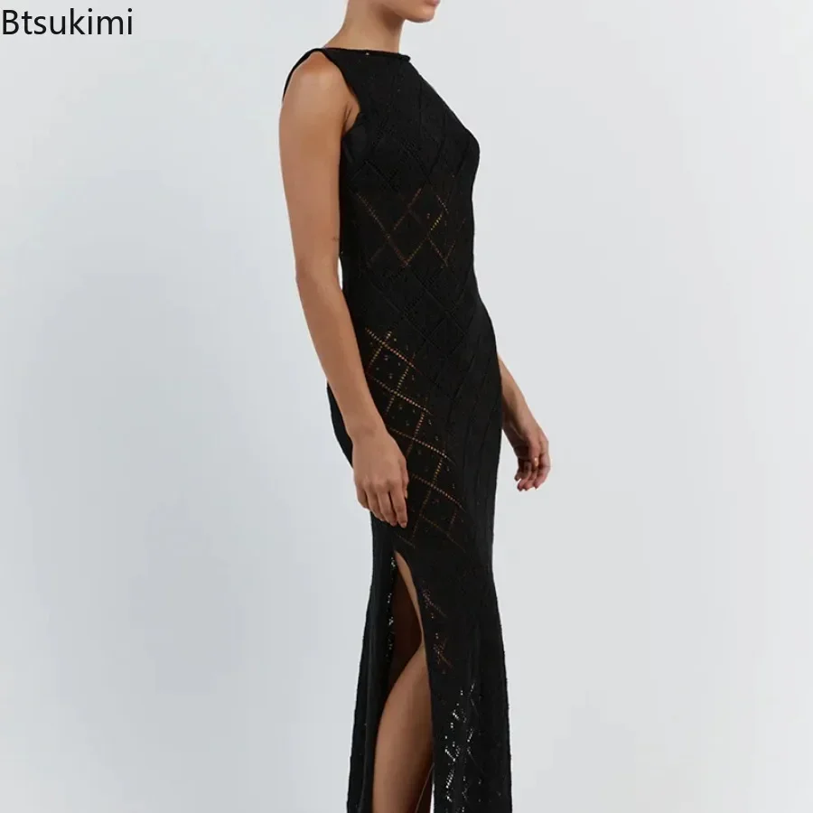 2025 feminino verão sexy fora do ombro vestido em torno do pescoço sem mangas recorte malha sólida maxi vestido meninas festa praia vestido de férias