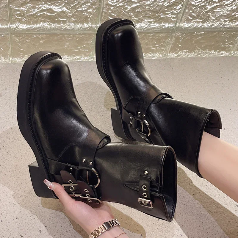 Punk Style Buckle Strap Mid-Calf Boots Women Black PU Leather Platform Western Boots Woman Big Size Square Toe Thick Heels Boots image 2