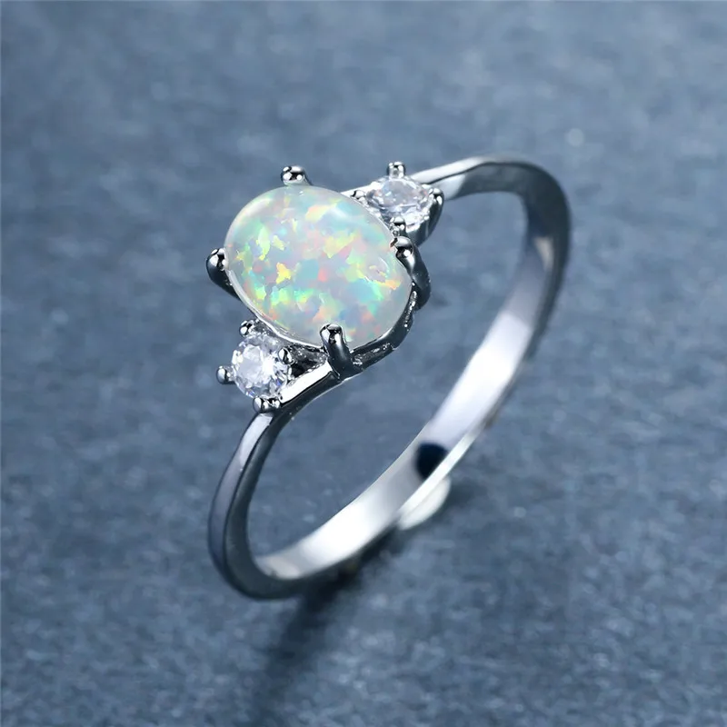 Silver Plated Rings For Women with Cubic Zircon Opal Wedding Band Jewelry Size 6-10