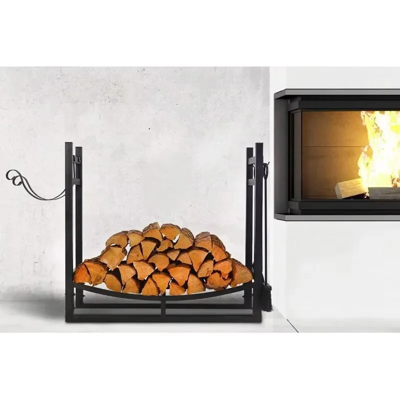 Nordic Black Wrought Iron Floor Standing Firewood Rack Tool Holder Multi Layer Log Storage Shelf Matching for Home Fireplace