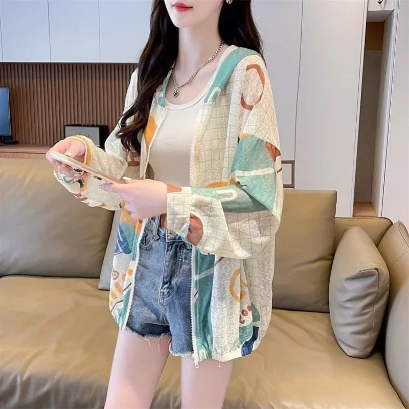 Ice Silk Women Sun Protection Jacket Summer Zip Sweatshirt Loose Outdoor Breathable Lightweight Versatile Casual Coat Cardigan