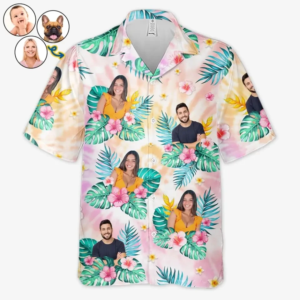 

Personalized Baby Photo Flamingo Hawaiian Shirt Custom Face Print Tropical Flamingo And Palm Tree Pattern Aloha Shirt Blouses