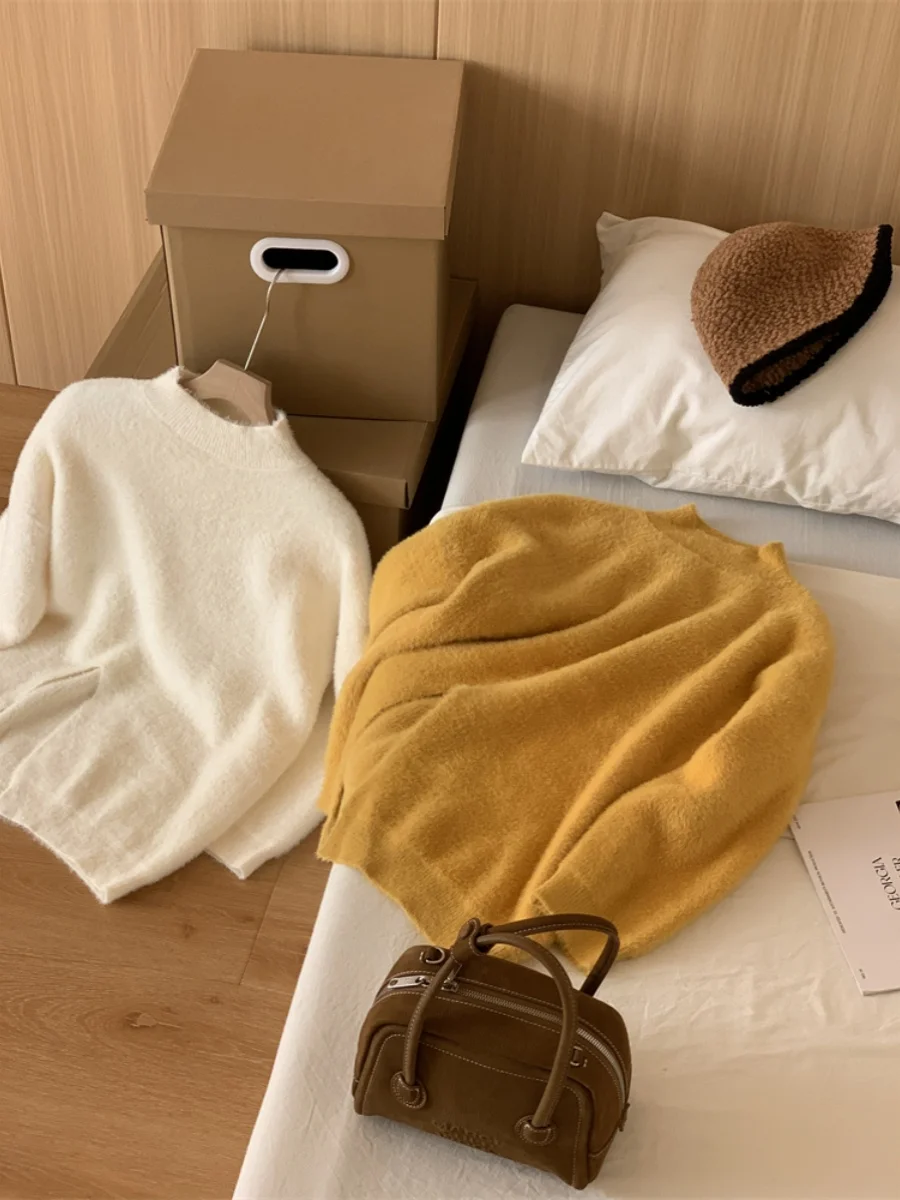 

Длинный свободный вязаный свитер с мехом белки, дизайн Sense, маленький разрез, очень большой све, круглый пуловер, осень-зима