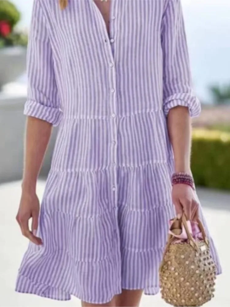 Women Casual Striped Shirt Dress 2025 Spring Autumn Long Sleeve Button Loose A Line Dresses Female Elegant Lady Vestidos