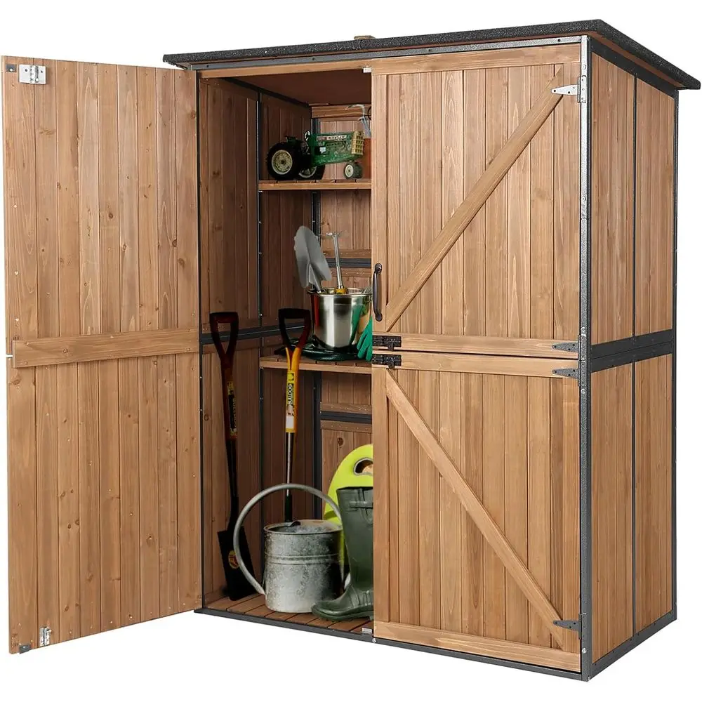 

Durable Outdoor Shed with Floor, Metal-Framed Garden Tool Storage, Spacious Wooden Cabinet w/Adjustable Shelves, Brown Patio Gar