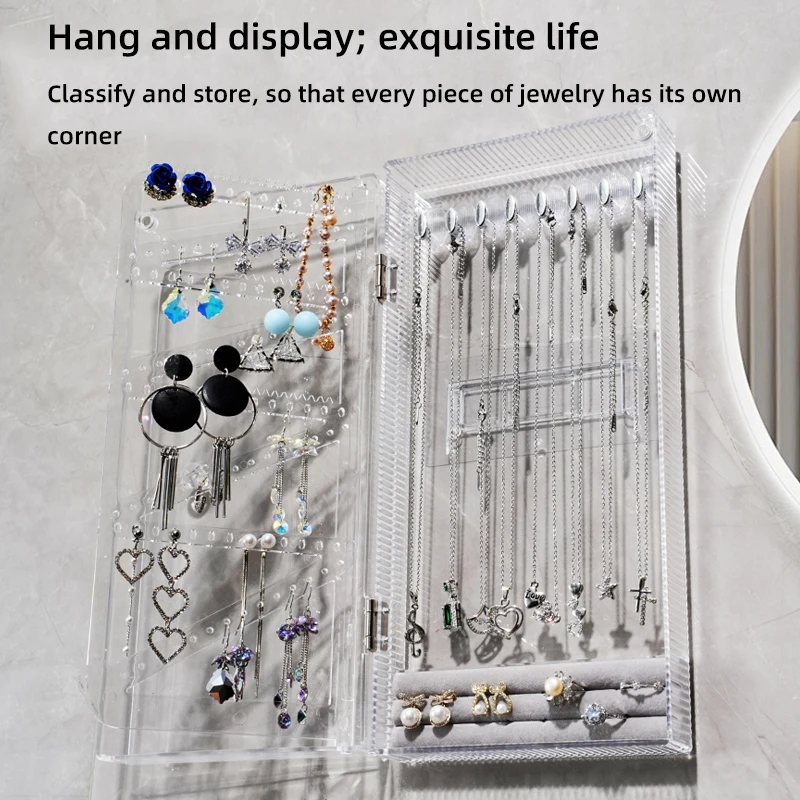 

Transparent Dustproof Necklace Earring Display Stand, Hanging Jewelry Box No Drilling Required, Home Use Storage Holder