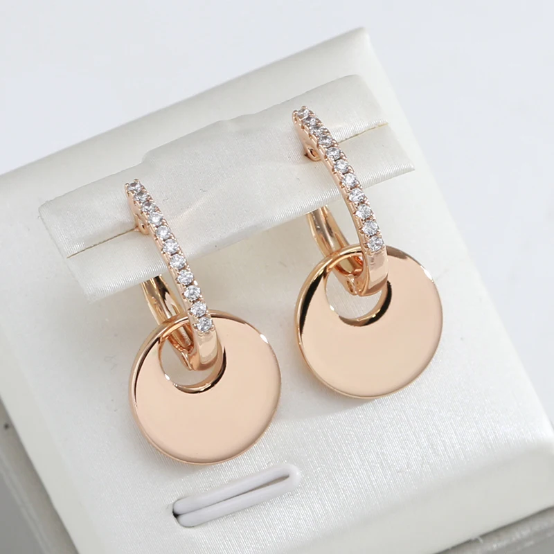 Smooth Round Coin Pendant Full Zircon Women English Earrings 585 Gold Color Fashion Jewelry Party Daily Personality Accessories