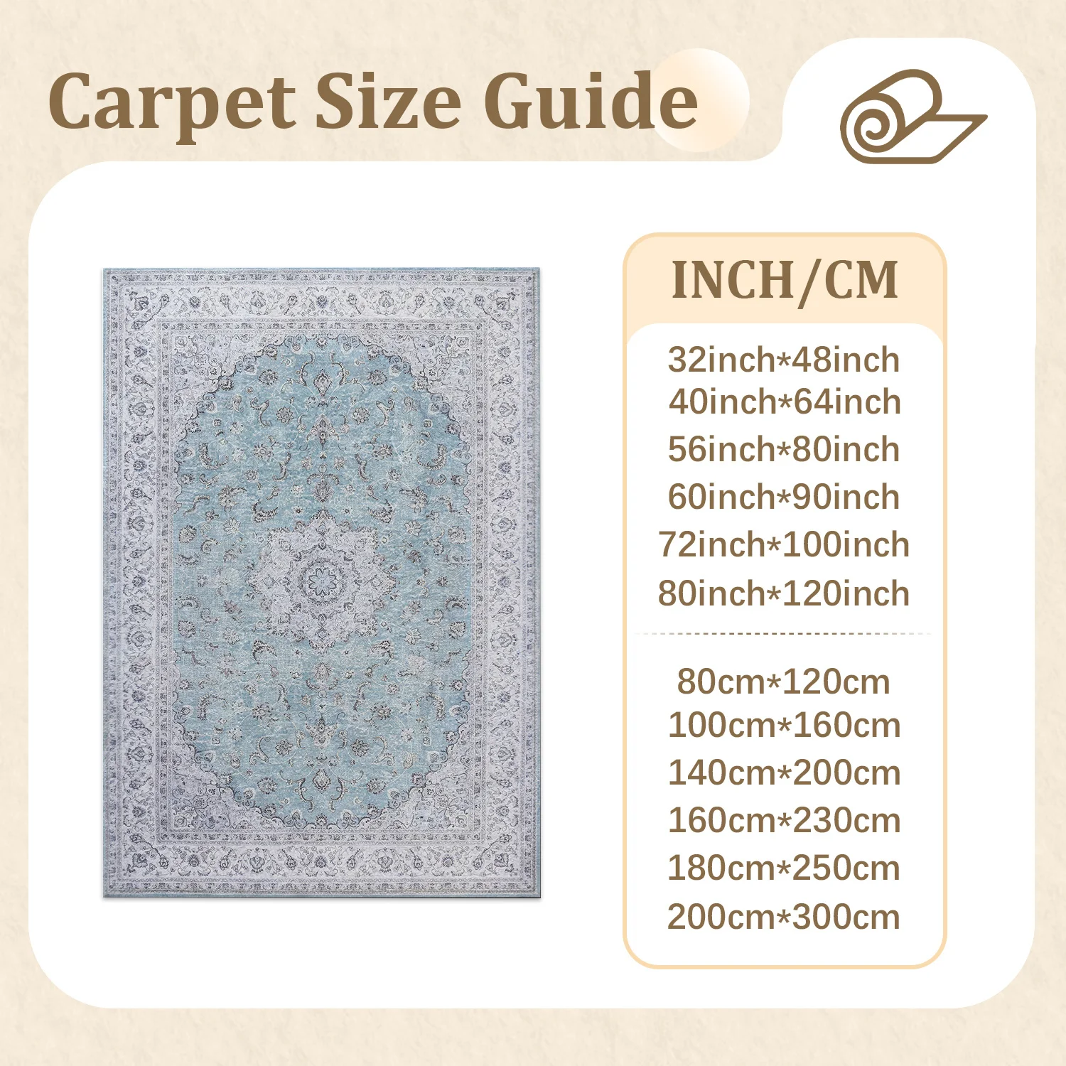 Large Indoor Area Rug Soft Velvet Low Pile Non-slip Dotted Backing Machine Washable Vintage Traditional Medallion Light Blue Floor Rug, Ideal for Living Room, Bedroom, Family Room Home Decor