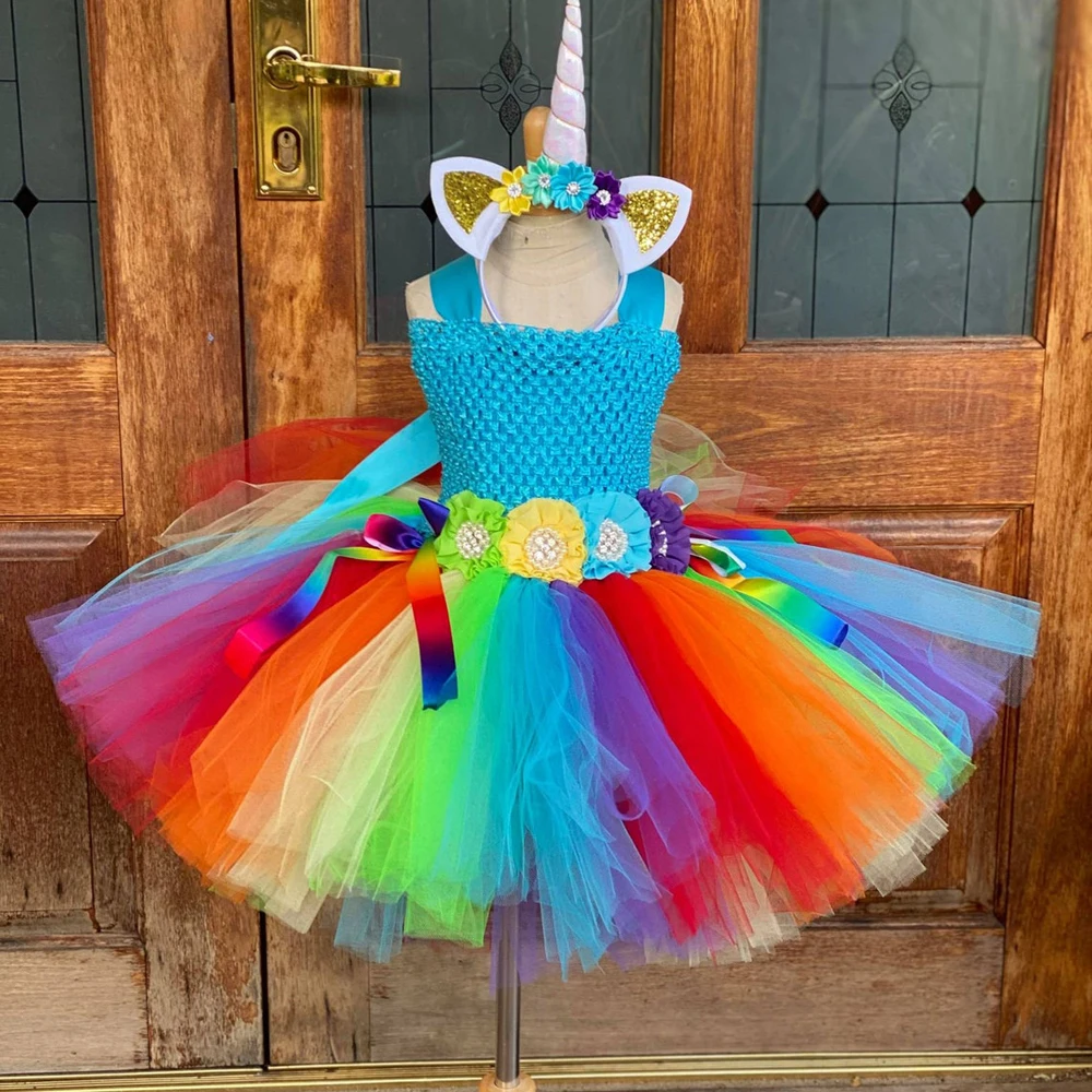 Girls Rainbow Unicorn Tutu Dress Kids Crochet Flower Tulle Dresses with Hairbow Children Birthday Cosplay Party Costumes Cloth