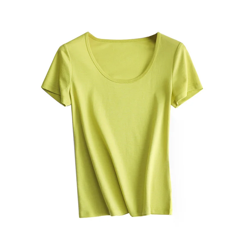 SuyaDream 2022 kobieta letnia koszulka jedwabiu octan mieszanka U szyi szczupła zwężone stałe przytulne T Shirt cukierkowe kolory góry — zdjęcie 2