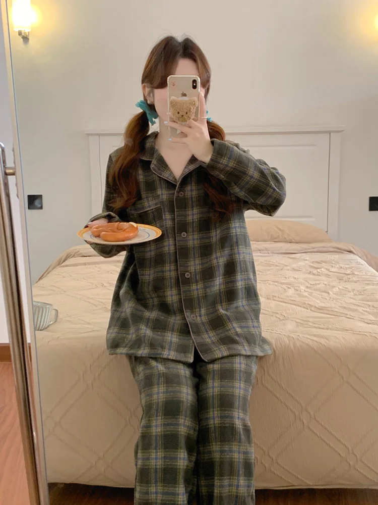 New Plaid Lazy Lovers Christmas Winter Quilted Thicken Long Sleeve Pajama Set Women Loose Simple Casual Vintage Sleep Tops Ins