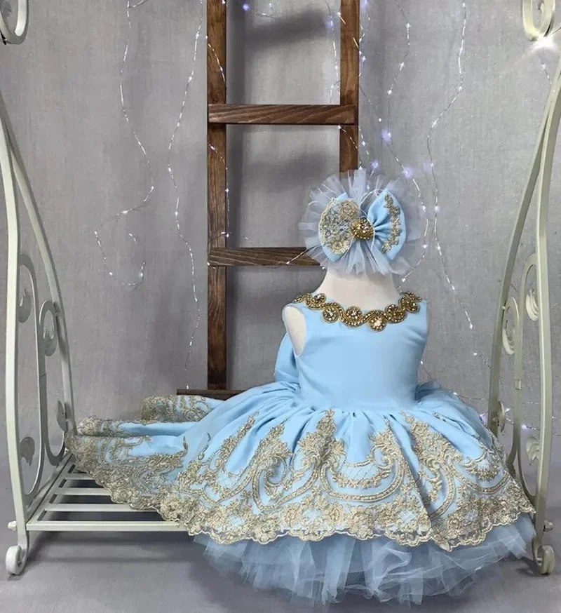 

Luxury Flower Girl Dress Sky Blue Satin Tulle Gold Applique Beading Sleeveless Child First Eucharistic Birthday Party Dress