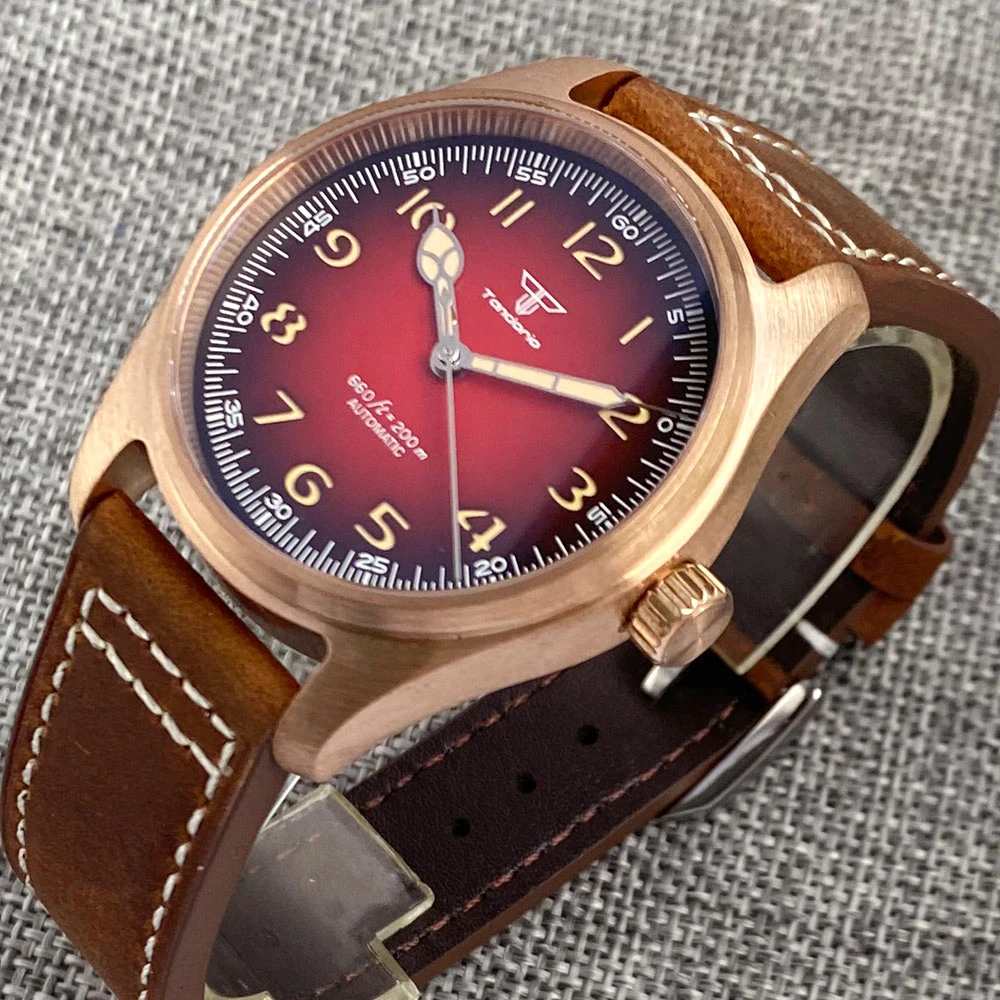 Japan NH35 Miyota Tandorio Dive Pilot Style CUSN8 Solid Bronze Mechanical Watch for Men 200M Waterproof Movt Beige Hand Red Dial
