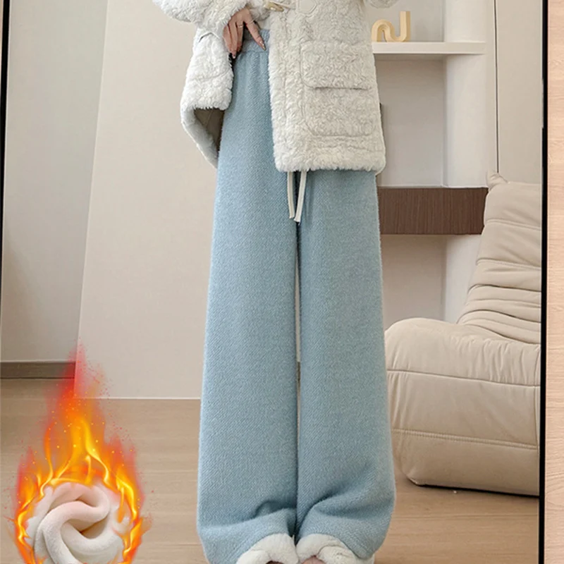 Drawstring High Waist Plush Pants For Women Winter Fleece Straight Wide Leg Casual Pants Woman Loose Thicken Warm Trousers Mujer