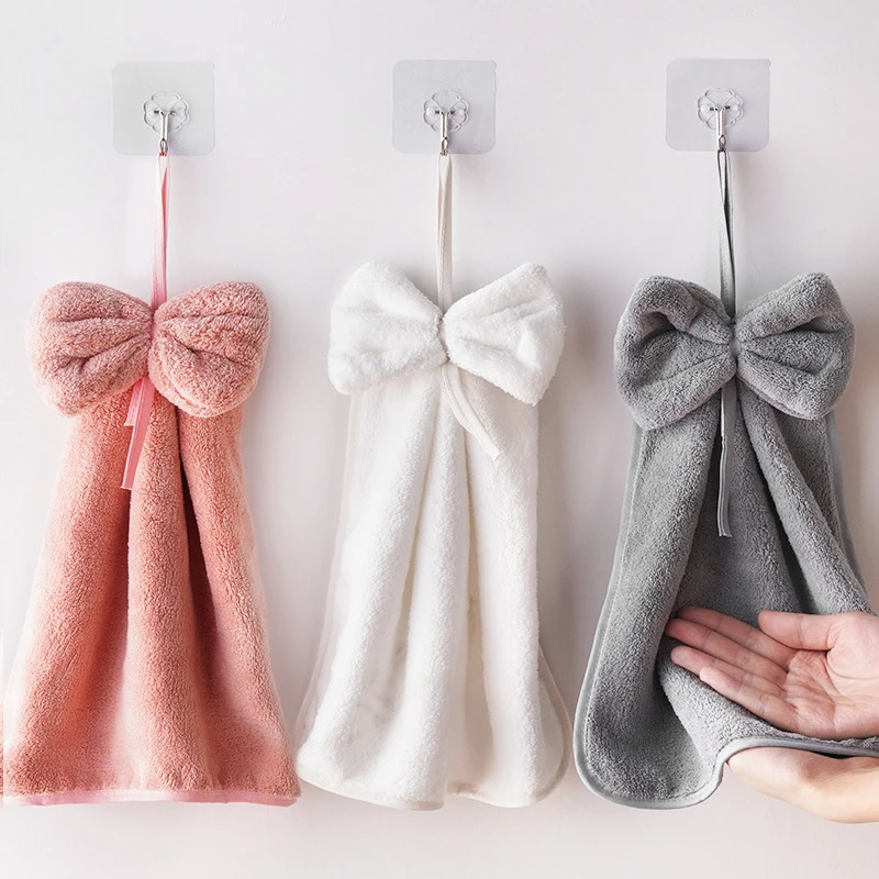 

Coral Velvet Hand Towel Cute Hanging Bowknot Towel Thickened Soft Skin Kitchen Bathroom Absorbent Quick Dry Lazy Hand Towel